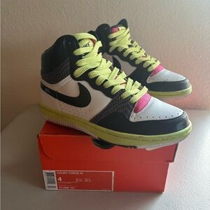 Nike Kids Court Force Hi Black, White, and Neon Sneakers
